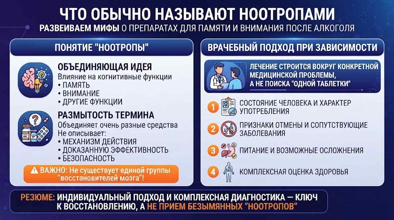Инфографика: Что обычно называют ноотропами и врачебный подход к восстановлению мозга после алкоголя