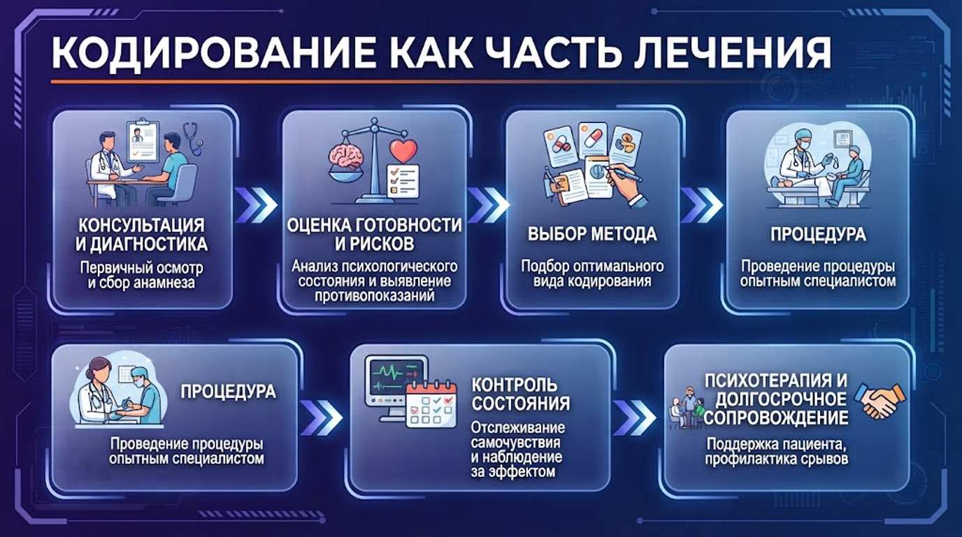 Инфографика: этапность процедуры кодирования как части лечения от зависимости