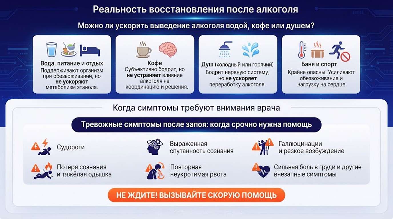 Инфографика: мифы об ускорении выведения алкоголя водой, кофе или душем, а также список тревожных симптомов после запоя