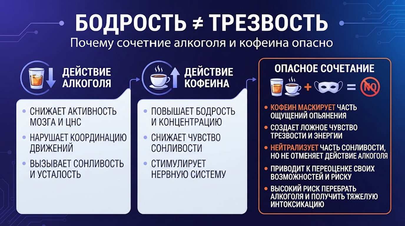 Инфографика на тему опасности сочетания алкоголя и кофеина: графическое сравнение действия алкоголя (снижение активности и координации) и кофеина (бодрость)