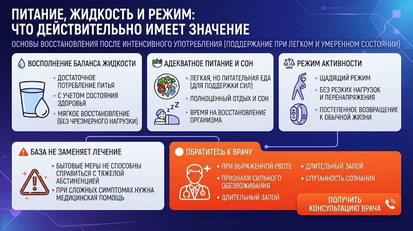 Инфографика: Питание, жидкость и режим — основы восстановления после употребления алкоголя