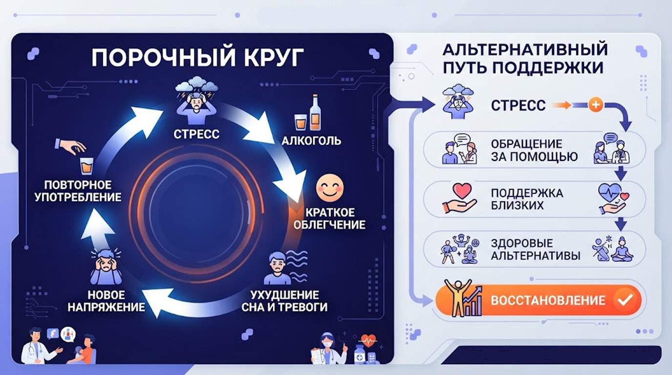Инфографика Порочный круг: схема взаимосвязи стресса, алкоголя, тревожности и альтернативный путь психологической поддержки