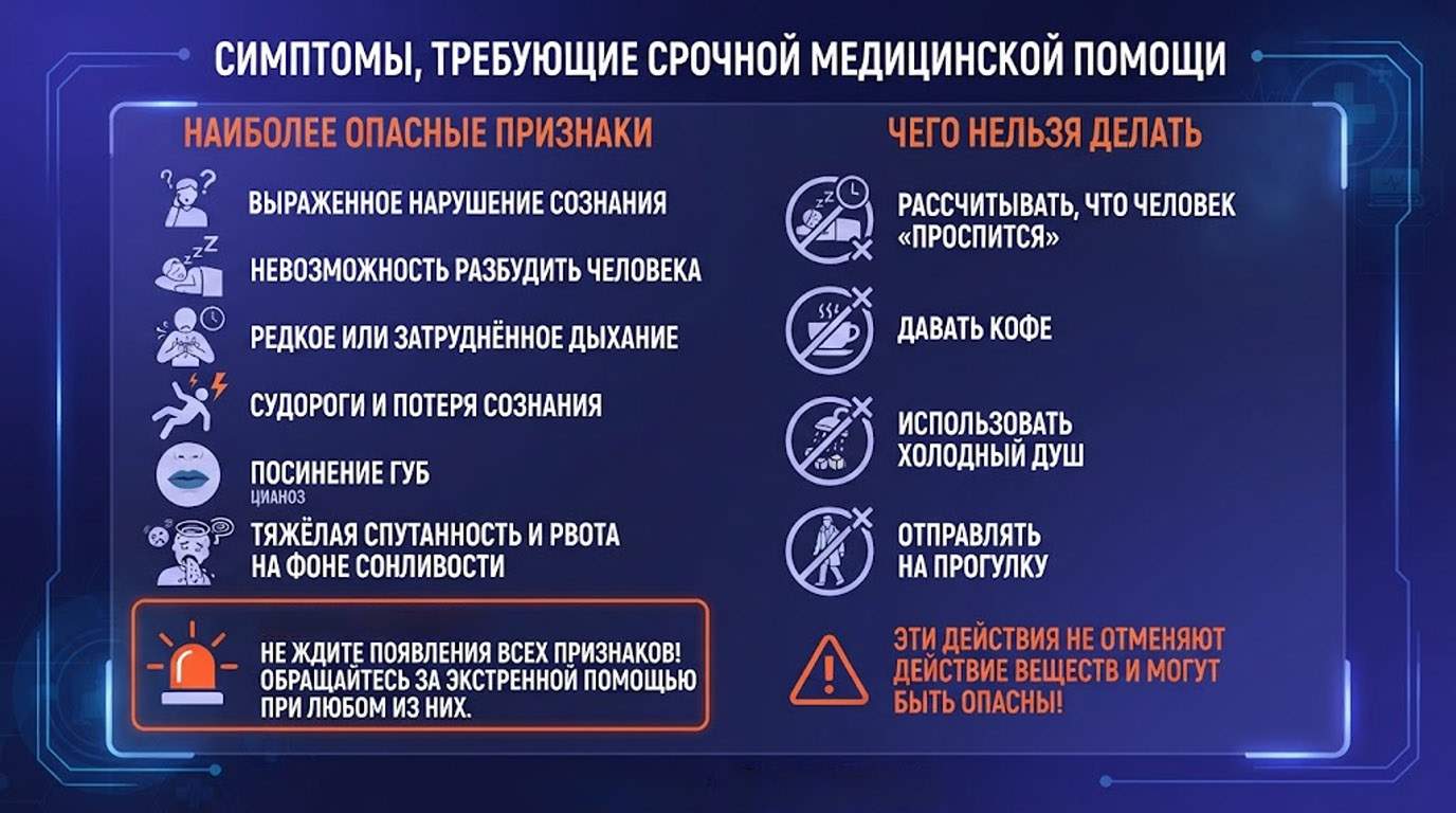 Инфографика: симптомы при стрессе и алкоголе, требующие срочной помощи, и опасные мифы о том, чего нельзя делать