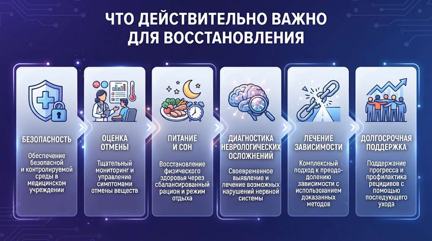 Инфографика в синих тонах: 6 ключевых этапов восстановления