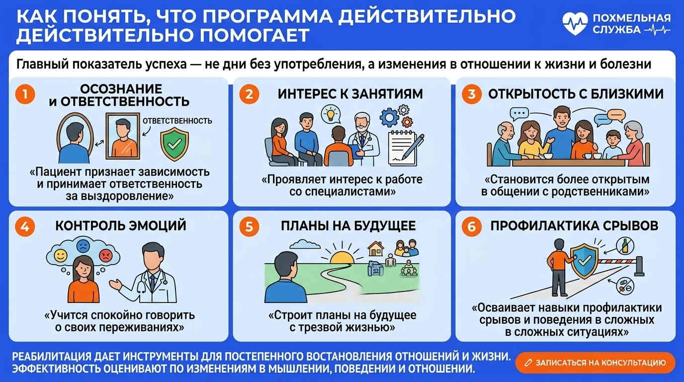 Инфографика «Как понять, что программа действительно помогает» с 6 критериями эффективности реабилитации и изменениями в отношении к жизни