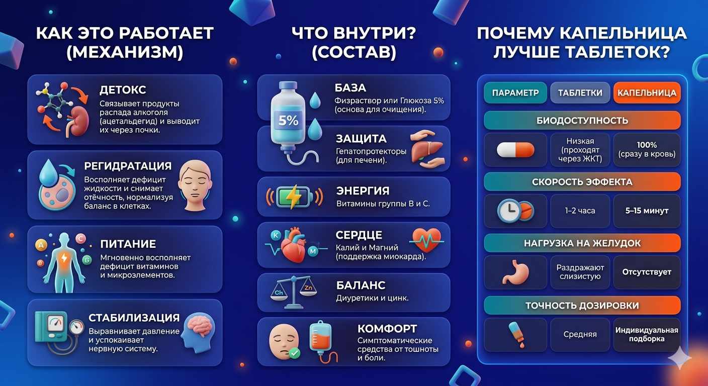 Инфографика о преимуществах инфузионной терапии при алкогольной интоксикации: состав препаратов, сравнение капельницы с таблетками и этапы восстановления организма.