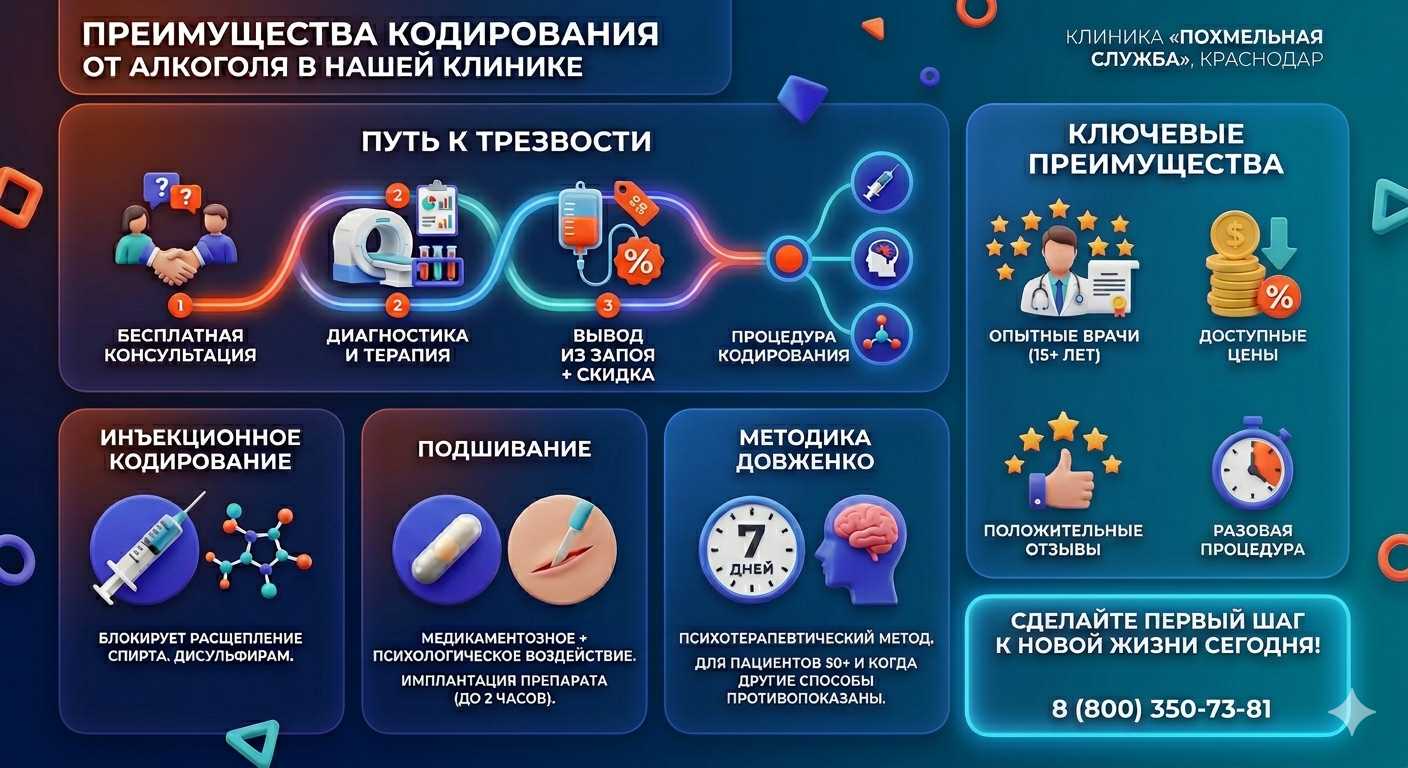 Инфографика о методах кодирования от алкоголя в Краснодаре: инъекции, подшивание, метод Довженко. Преимущества клиники и этапы лечения.