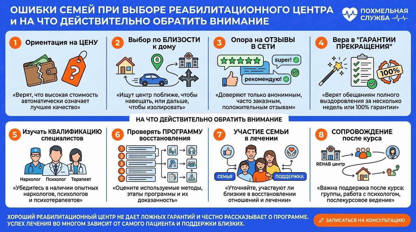Инфографика «Ошибки семей при выборе реабилитационного центра и на что действительно обратить внимание» с 8 ключевыми пунктами