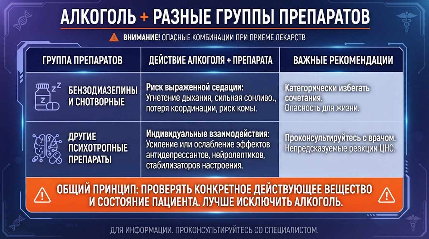 Таблица взаимодействия алкоголя с бензодиазепинами, снотворными и другими психотропными средствами