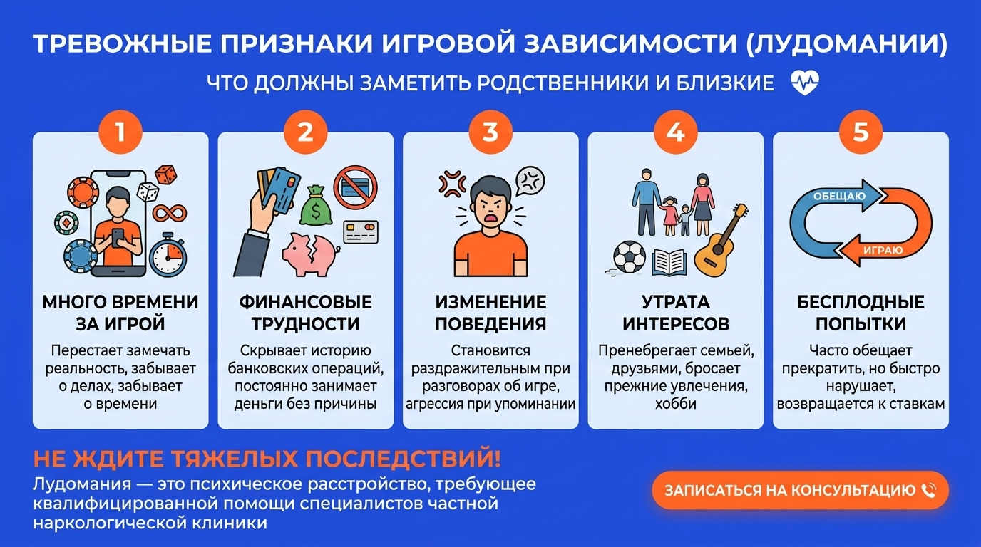 Инфографика «Тревожные признаки игровой зависимости (лудомании)» с перечислением симптомов для родственников и близких