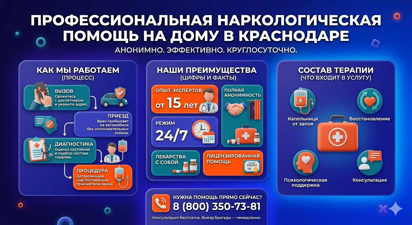 Инфографика о принципах лечения алкоголизма на дому в Краснодаре: этапы вызова нарколога, преимущества анонимной детоксикации и состав медицинской помощи.